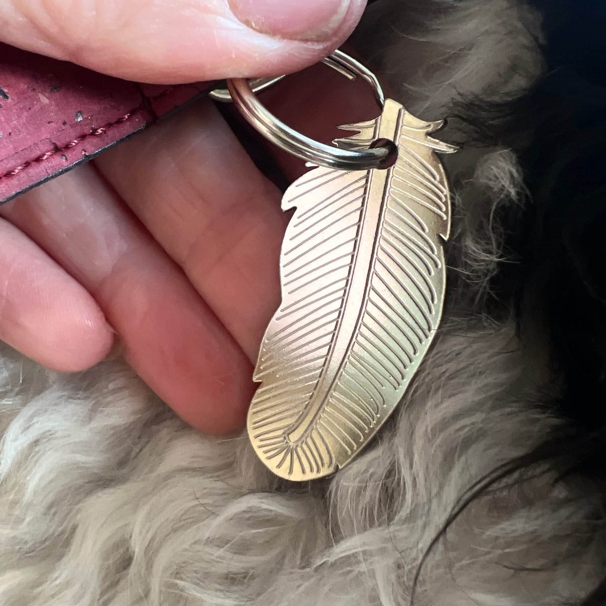 A close-up of a hand holding a silver-toned feather-shaped pet ID tag attached to a key ring, with fluffy light-colored fur in the background.