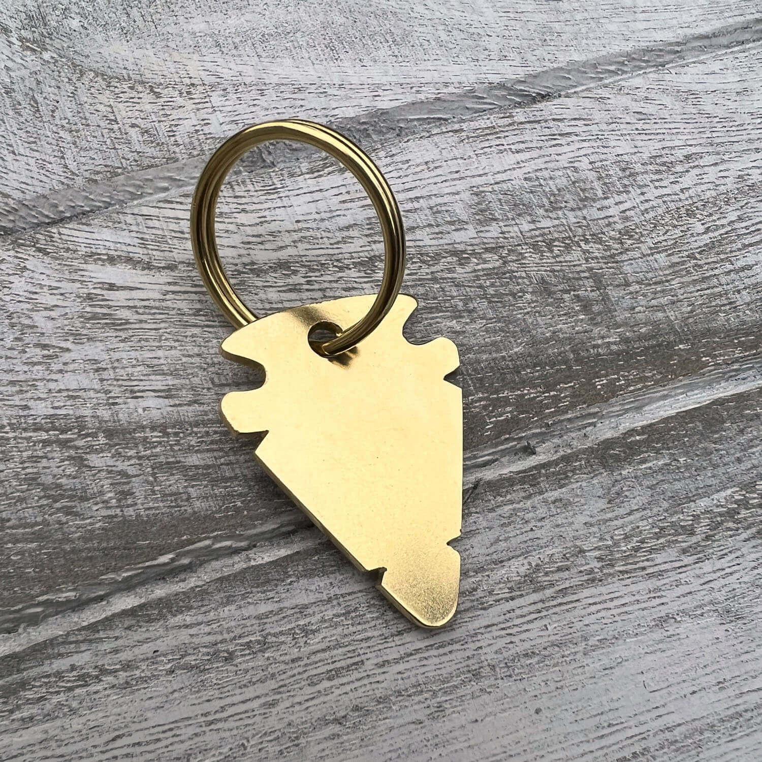 Gold colour dog tag with a unique design on a wooden surface
