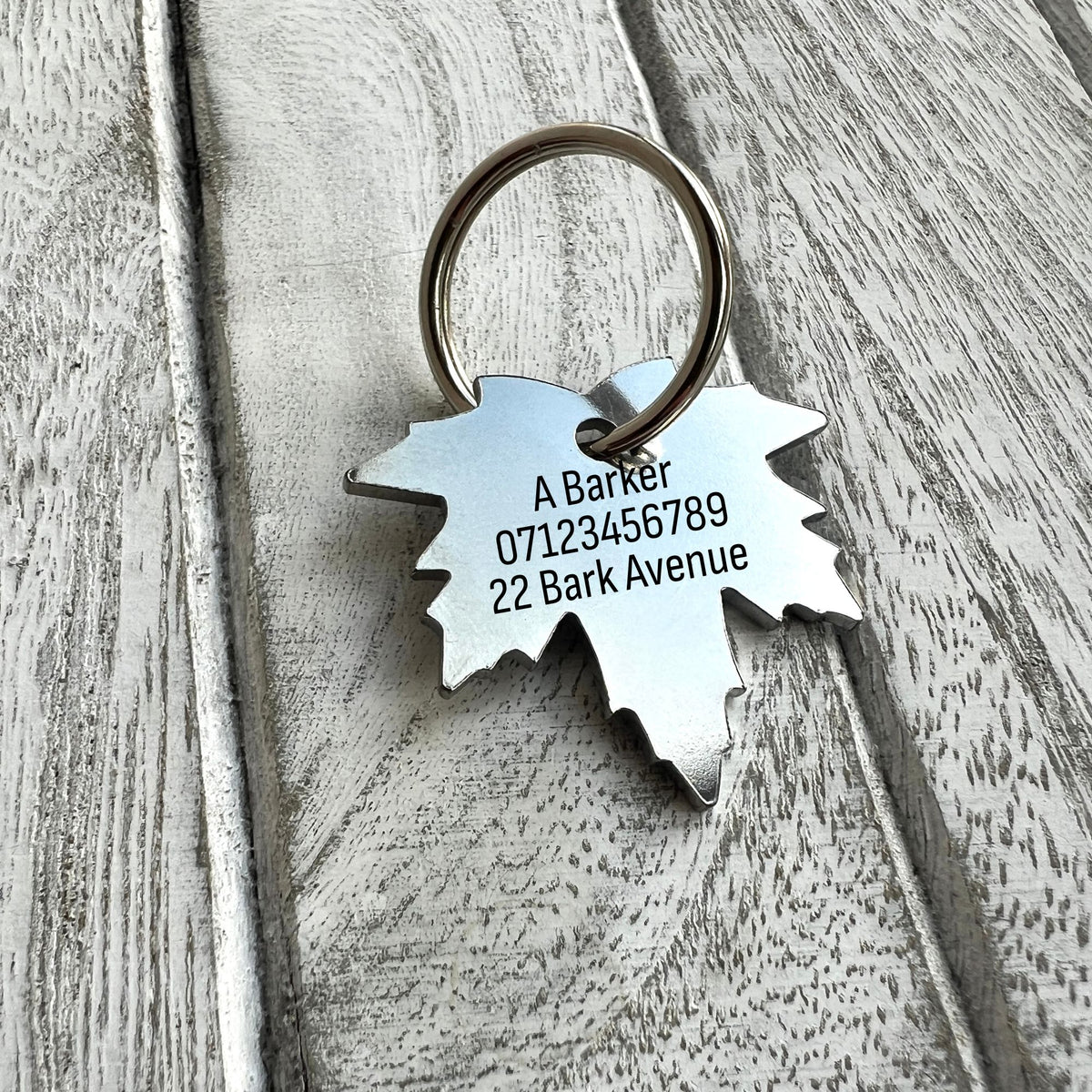 A personalized metal pet ID tag shaped like a maple leaf, engraved with a name and address, attached to a silver split ring on a rustic whitewashed wood surface.
