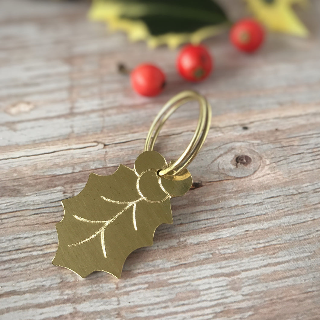 Brass Holly Leaf Dog ID Tag